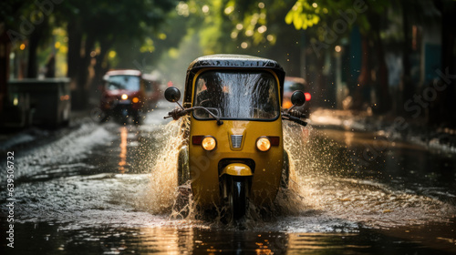 Stampa su tela Tuk tuk driving through a flooded street during a flood caused by heavy rain
