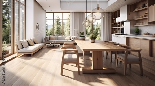 Dining room and kitchen in a new open plan home. Features White walls and ceiling and parquet floors. Beautiful furniture made of wood and marble light-colored furniture fronts Generative AI
