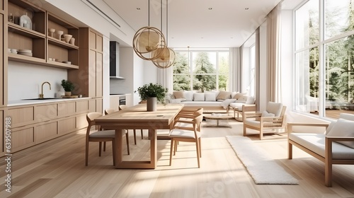 Dining room and kitchen in a new open plan home. Features White walls and ceiling and parquet floors. Beautiful furniture made of wood and marble light-colored furniture fronts Generative AI © Lucky Ai