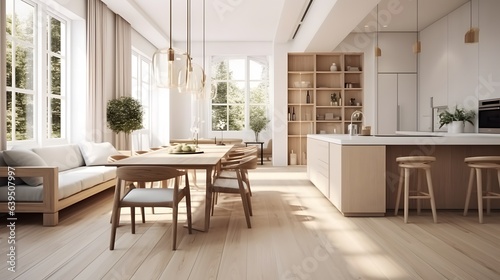 Dining room and kitchen in a new open plan home. Features White walls and ceiling and parquet floors. Beautiful furniture made of wood and marble light-colored furniture fronts Generative AI © Lucky Ai
