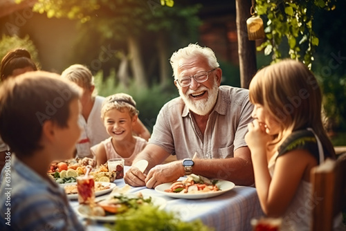 Happy Senior Grandfather Talking and Having Fun with His Grandchildren  Holding Them on Lap at a Outdoors Dinner with Food and Drinks. Adults at a Garden Party Together with Kids