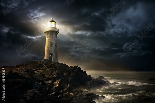 Lighthouse illuminating beam in the dark. Generative AI