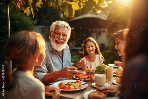 Happy Senior Grandfather Talking and Having Fun with His Grandchildren, Holding Them on Lap at a Outdoors Dinner with Food and Drinks. Adults at a Garden Party Together with Kids