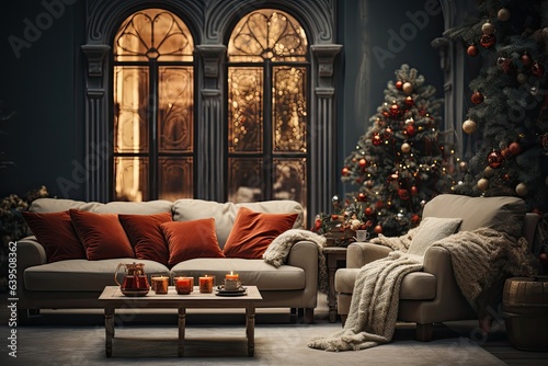 A cozy living room boasting the festive charm of Christmas trees adorned with a variety of ornaments on Christmas day. Photorealistic illustration, Generative AI
