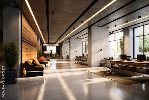 Contemporary office space featuring polished concrete floors  wood accents  linear design  and strip lights. Generative AI