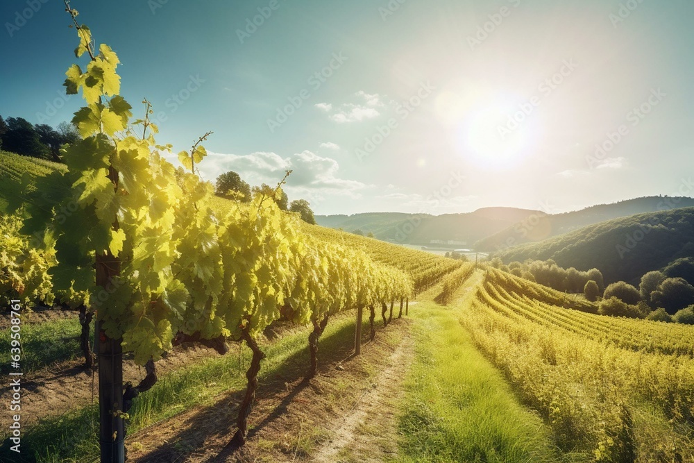 Sunny vineyard with white grapes, hilly landscape, near winery, Austria. Generative AI