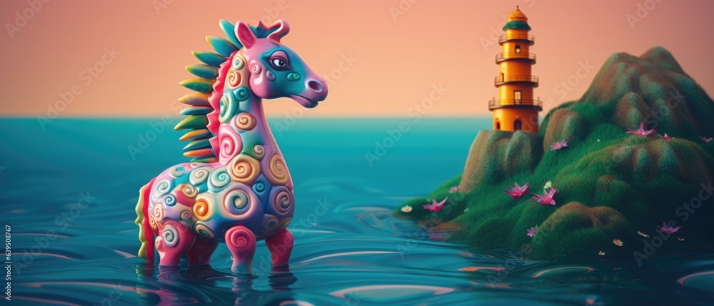 Mythical horse of the sea figurine toy in vibrant polka dot coral reef colors, deep blue aquamarine ocean, fantasy wonderland, coastal castle tower guardian - generative AI - obrazy, fototapety, plakaty 
