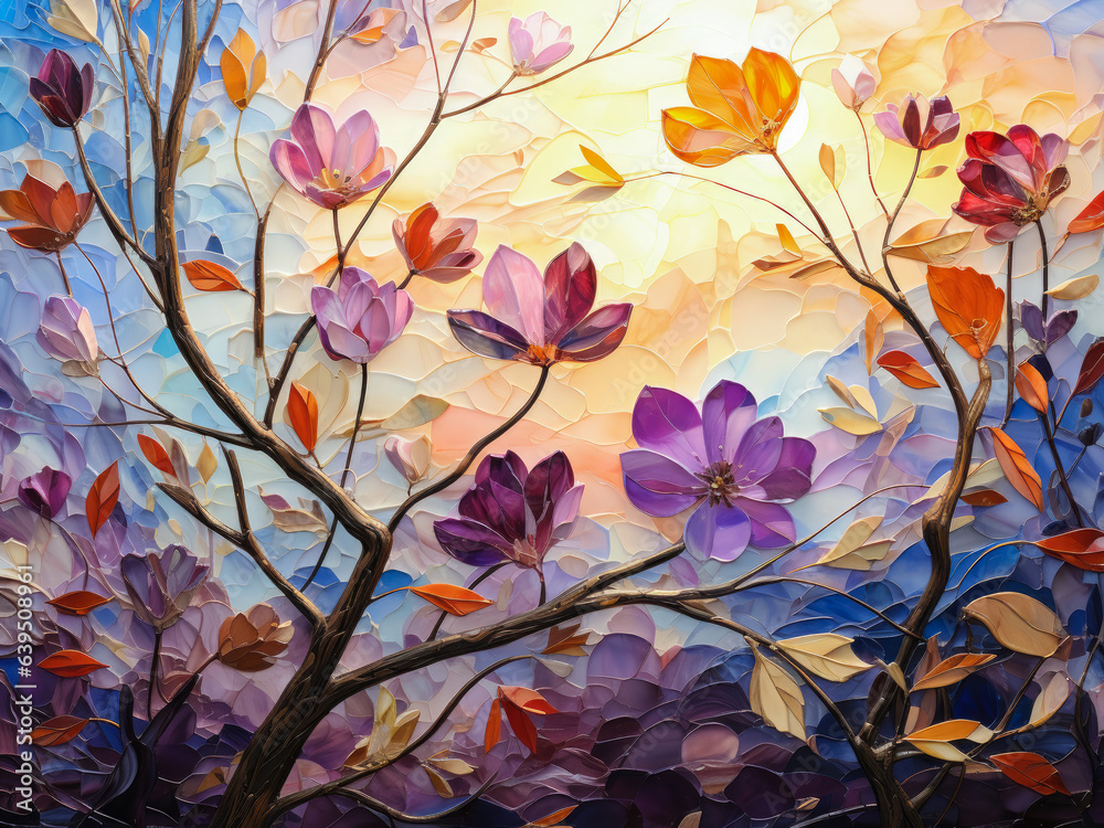 Oil painting of a fall background in palette knife style with flowers Oil painting of a fall background in palette knife style with flowers