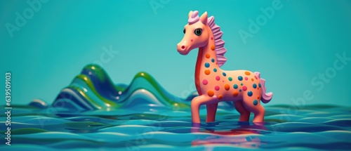 Mythical horse of the sea figurine toy in vibrant polka dot coral reef colors  deep blue aquamarine ocean  fantasy wonderland  coastal castle tower guardian - generative AI