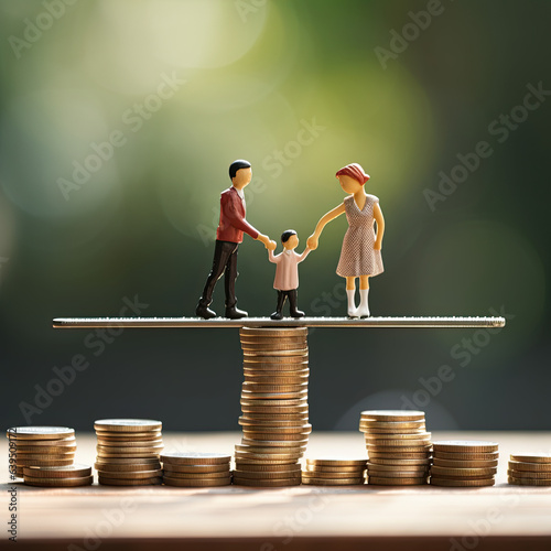 Family saving money, investing money. Tiny figurines of a family walking on stacks of coins. Family Finance photo