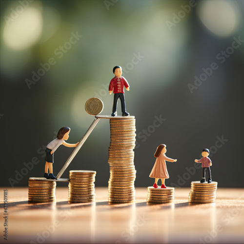 Family saving money, investing money. Tiny figurines of a family walking on stacks of coins. Family Finance