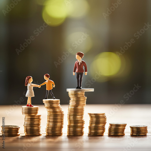 Family saving money, investing money. Tiny figurines of a family walking on stacks of coins. Family Finance photo