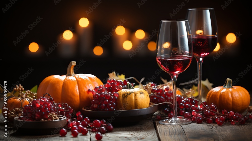 Thanksgiving table decor. Food and glasses with a drink at a festive feast.