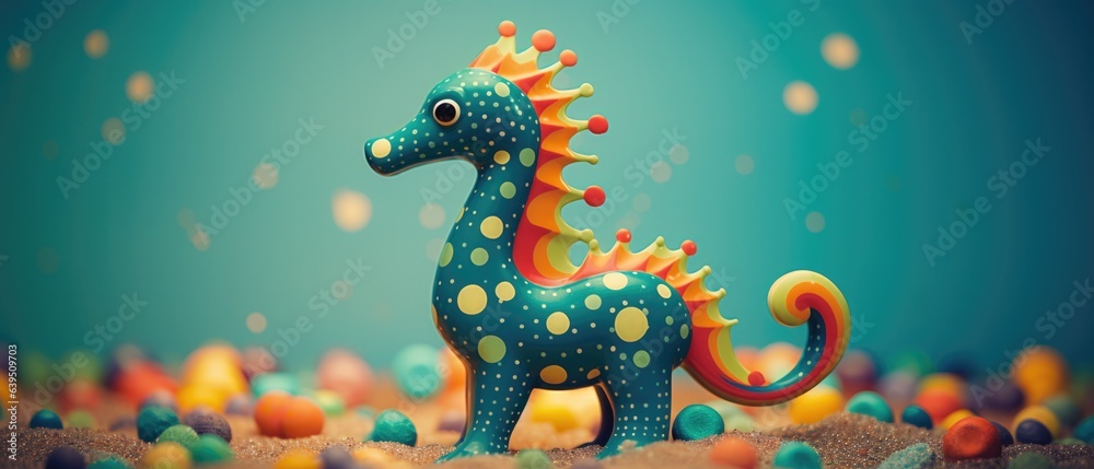 Closeup portrait of mythical seahorse plastic figurine with vibrant round polka dots, childhood playtime toy, fantasy wonderland ocean guardian - generative AI Closeup portrait of mythical seahorse plastic figurine with vibrant round polka dots, childhood playtime toy, fantasy wonderland ocean guardian - generative AI