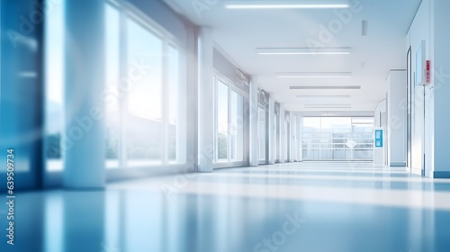 Light blurred background. The hall of an office or medical institution with panoramic windows and a perspective. Generative Ai