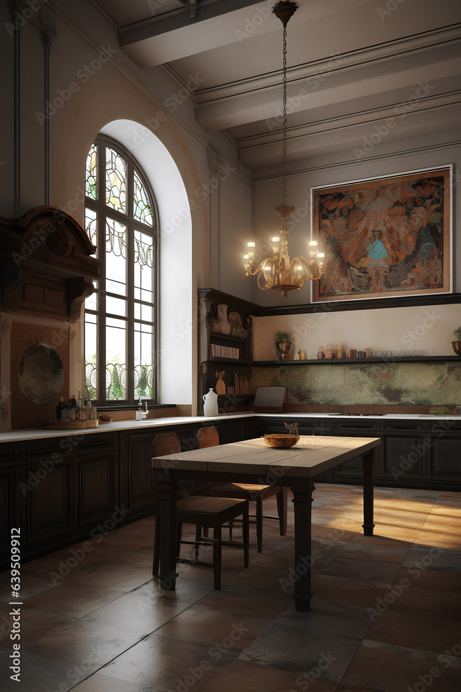 Classic style kitchen interior in luxury house. Generative AI content