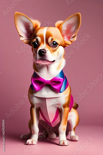 服を着たチワワ犬、子犬、可愛い、ピンク背景｜Chihuahua dog in clothes, puppy, cute, pink background. Generative AI © happy Wu 