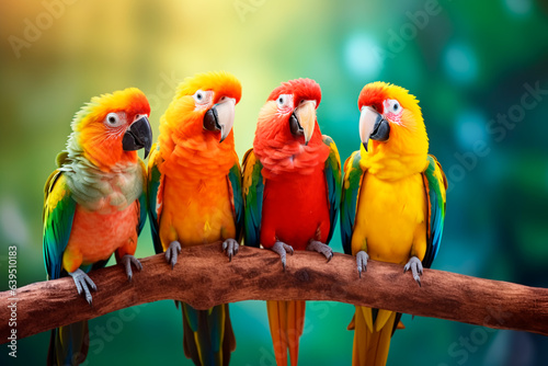 Bright colored parrots on a tree branch in the forest © Uliana