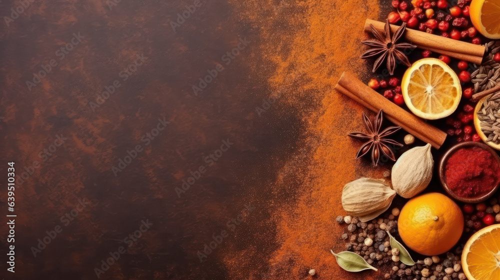 Different kind of spices on a black stone background with copy space