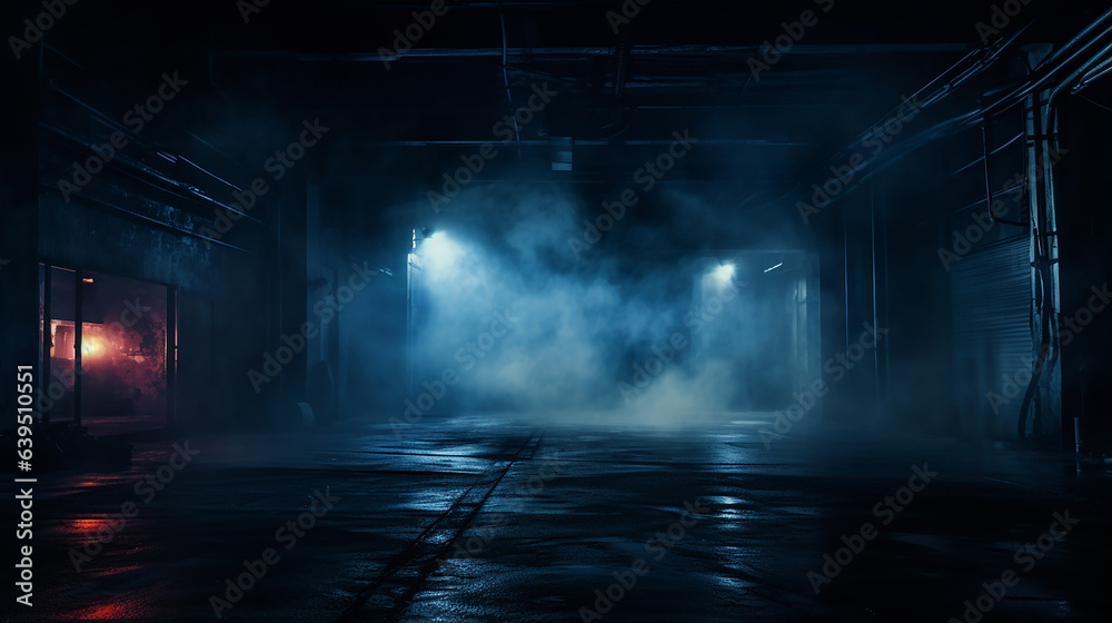 A dark empty street, dark blue background, an empty dark scene, neon light