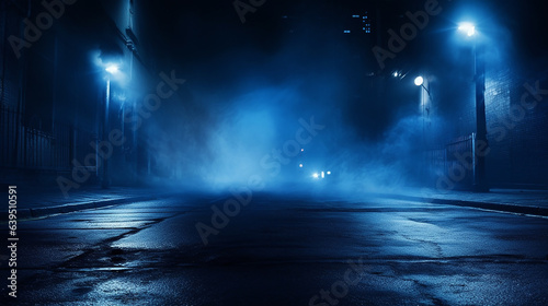A dark empty street, dark blue background, an empty dark scene, neon light