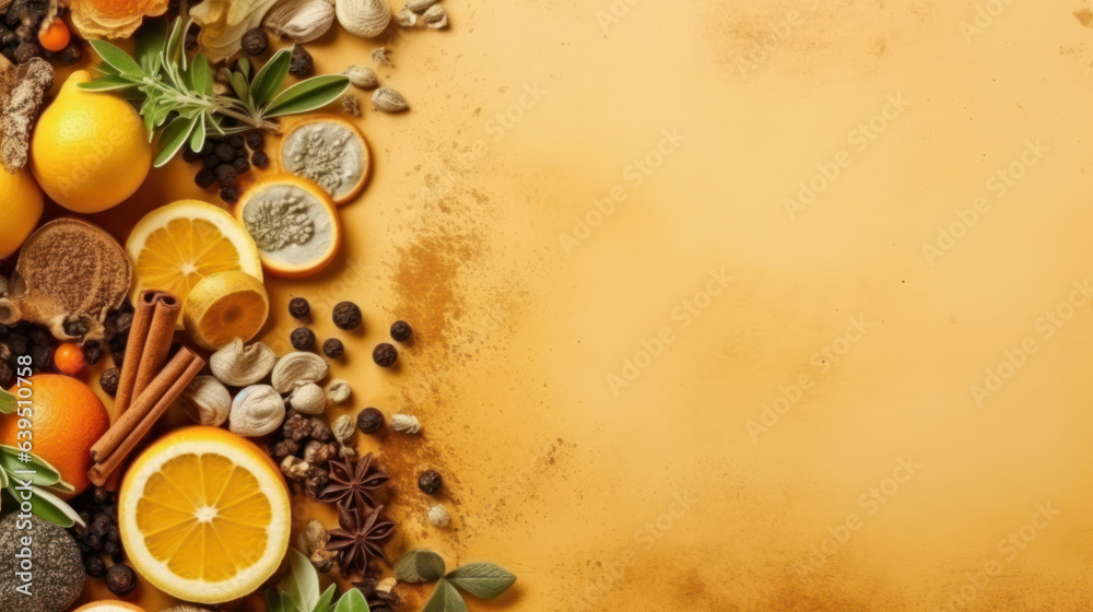 Different kind of spices on a black stone background with copy space Different kind of spices on a black stone background with copy space