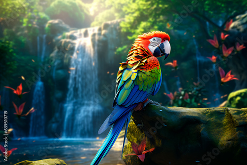 A beautiful colorful parrot on a tree branch in the forest