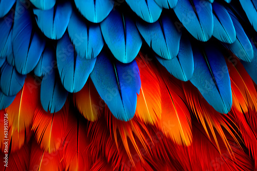 Colorful parrot feathers close-up. Parrot feathers background