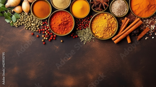 Different kind of spices on a black stone background with copy space