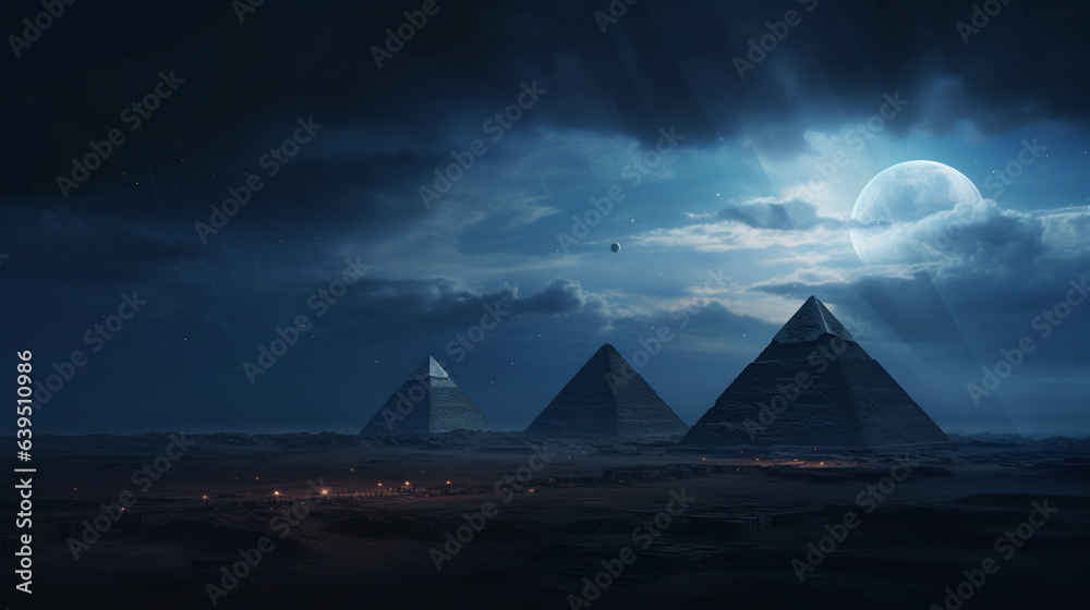 Great Pyramid of Giza, night, moon