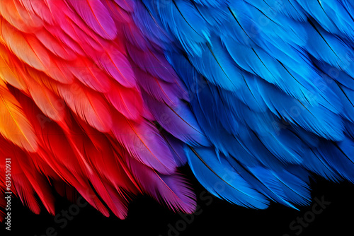 Colorful parrot feathers close-up. Parrot feathers background. © Uliana