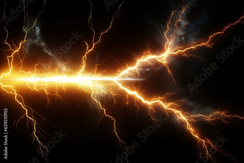 Energetic illustration of electric discharge with flaming lightning strike on a black background. Generative AI