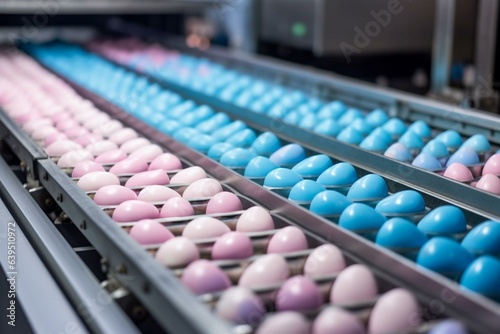 Automated candy egg production on a conveyor belt with pink and blue colors. Generative AI