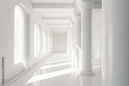 Minimalist 3D rendering of a sunny white room with soft shadowed columns. Abstract architectural background. Generative AI