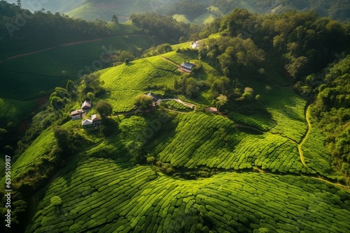 Bird's-eye view of tea farm with lush green terraces. Generative AI