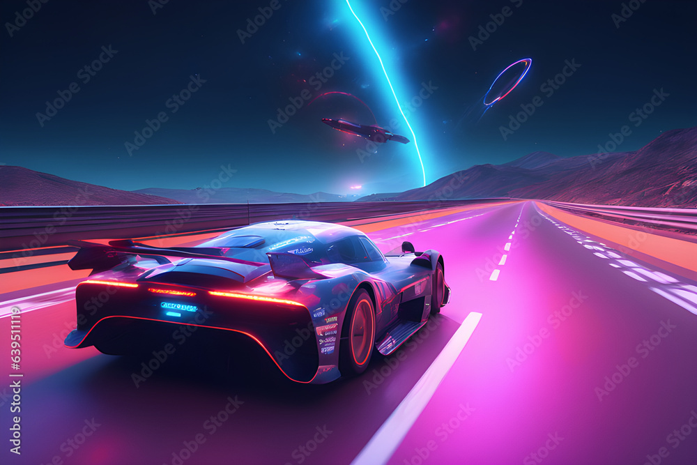 Future race wallpaper. A futuristic racing car rushes along the fast track. Dynamic racing scene. Fantastic illustration.