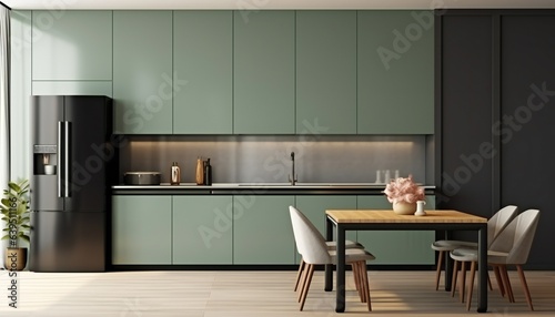 Sage green wall partition with white baseboard on parquet and table with chairs in the middle of the room