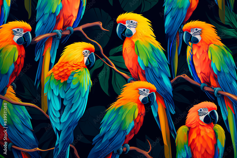 Obraz premium Pattern with colored parrots. Background, parrot wallpaper