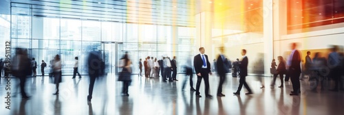 Blurred businesspeople in a modern glass office