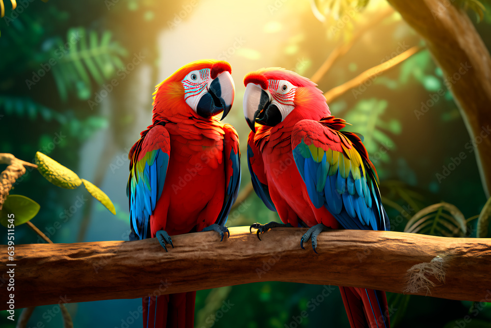 Two brightly colored parrots in love on a tree branch in the forest Two brightly colored parrots in love on a tree branch in the forest