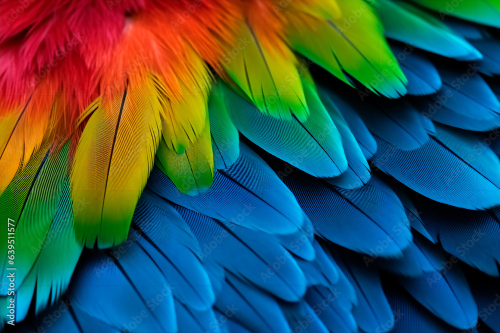 Fototapeta premium Colorful parrot feathers close-up. Parrot feathers background