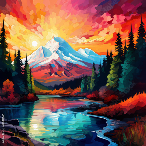 Stylized mountain towers above a central river  rich colors