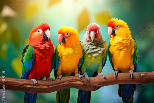 Bright colored parrots on a tree branch in the forest
