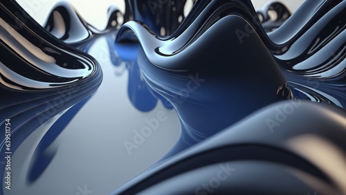 Dark blue and glod glossy wallpaper with abstract wavy shapes. Background with curvy texture. Generative ai photo