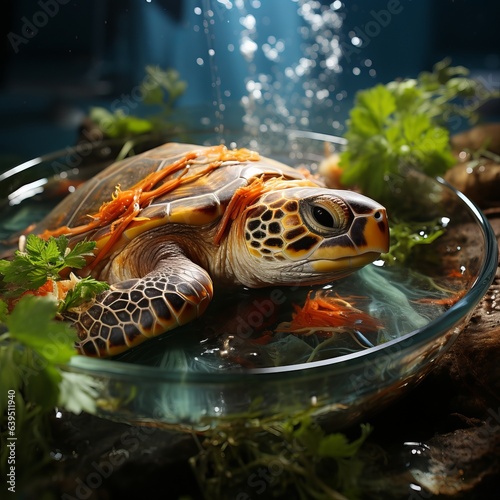 Turtle soup, ready dish illustration, delicacy. Cooked food from living beings.