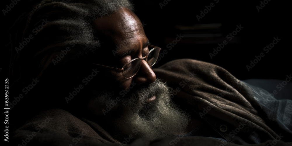 Bearded Black Homeless Man Sleeps on a Dark Place Bearded Black Homeless Man Sleeps on a Dark Place
