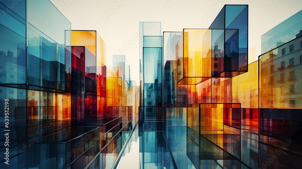 Multiple exposure of modern abstract glass architectural forms. Generative AI