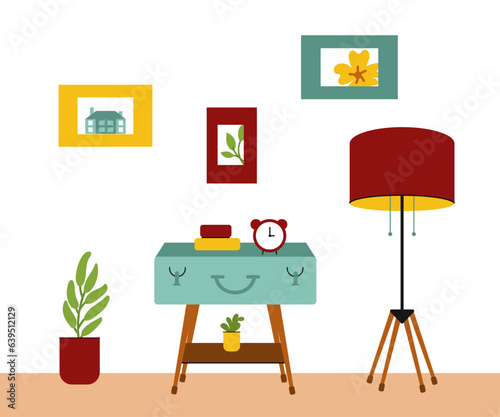 Retro room interior with lamp and suitcase table. Vintage furniture. Flat vector illustration.