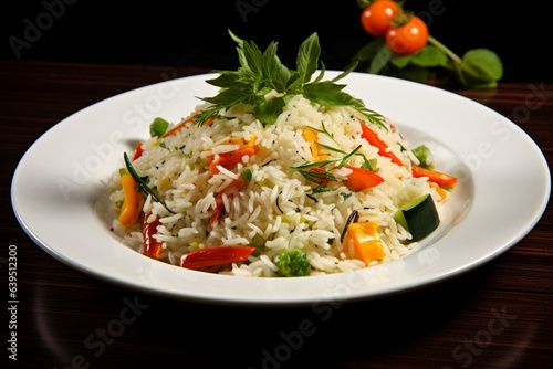 A flavorful rice dish enhanced with parmesan cheese and assorted vegetables. Generative AI