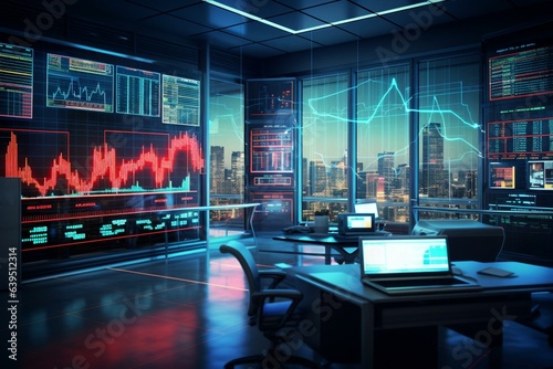 3D business illustration of stock trading floor with health care sector data. Generative AI